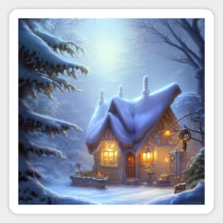 Magical Fantasy Cottage with Lights In A Snowy Scene, Scenery Nature Magnet